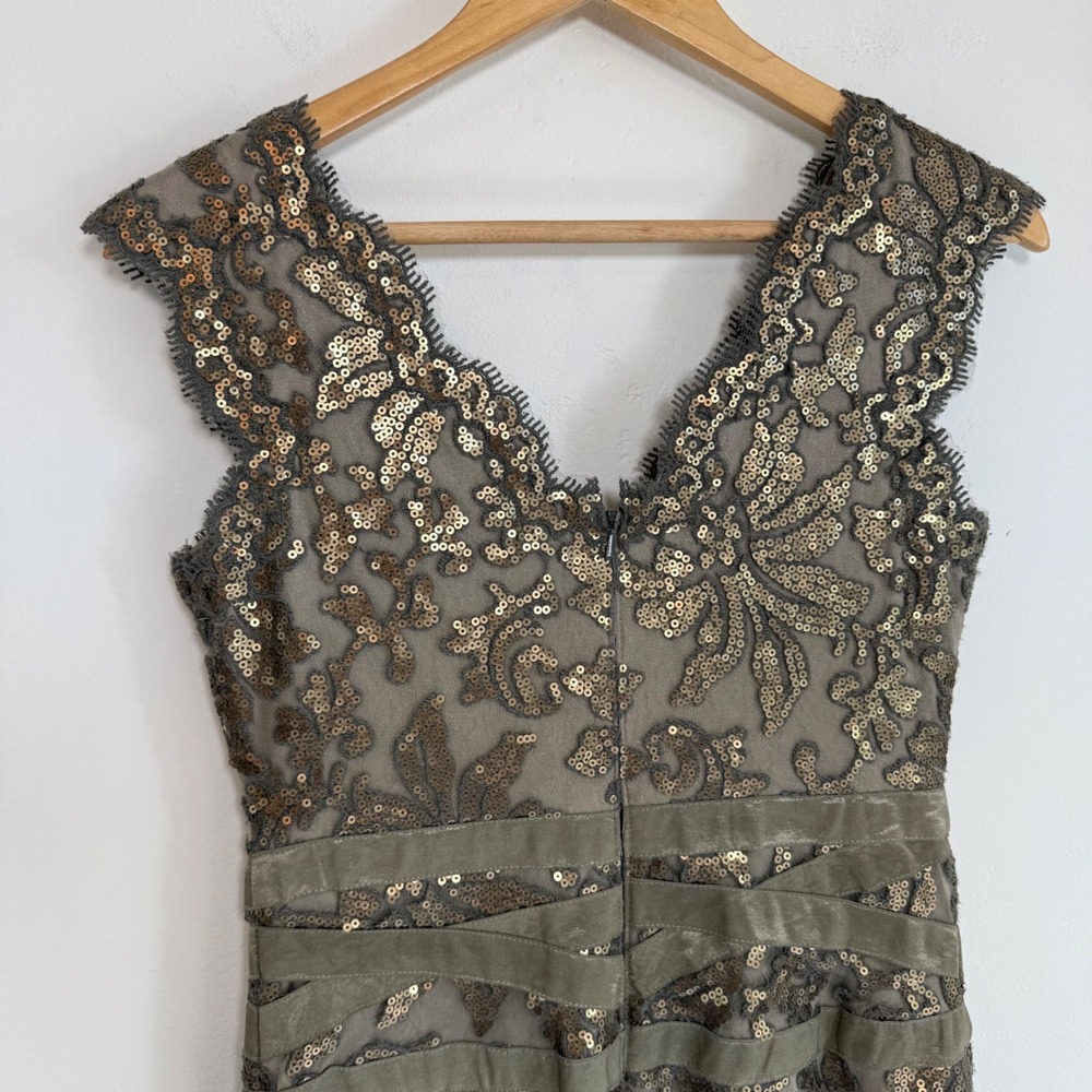Tadashi Shoji Bronze Olive Sequin Lace Sheath Cocktail Dress Sz 4 Art Deco‎ Glam - Picture 8 of 16